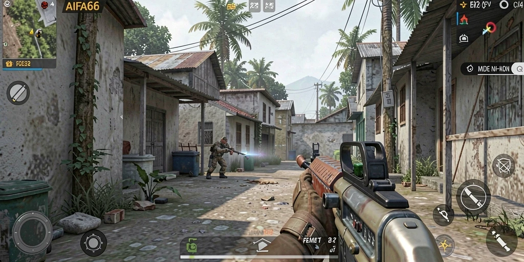 Screenshot gameplay AIFA66 menampilkan aksi tembak-menembak yang intens.