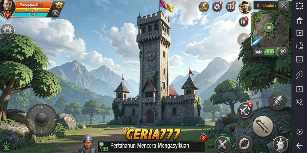 Screenshot utama CERIA777 menampilkan aksi seru pertahanan menara.