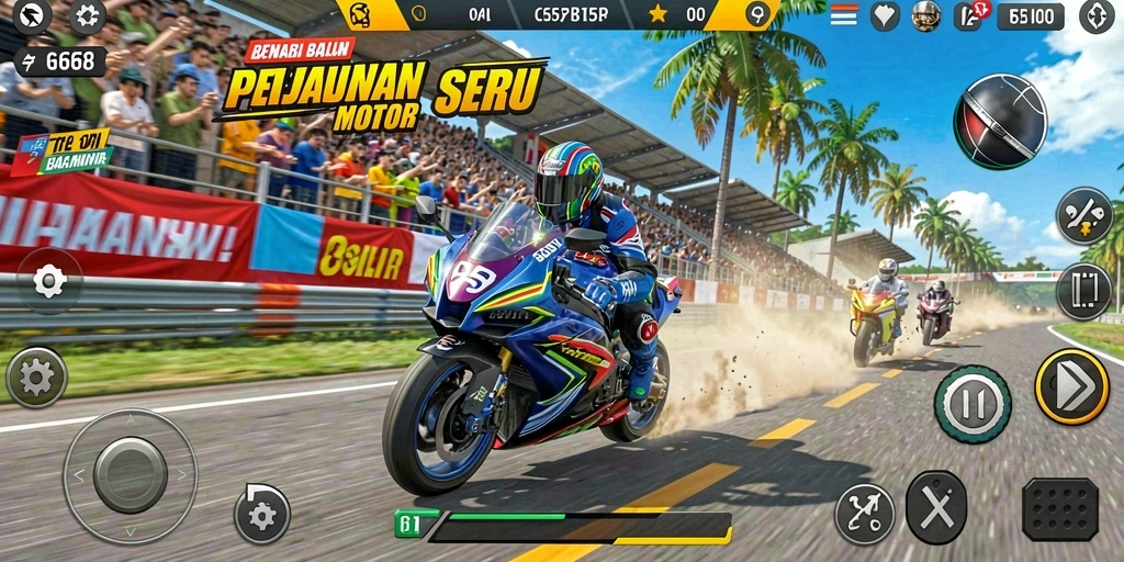 Screenshot dari gameplay G668 yang mendebarkan saat balapan motor.
