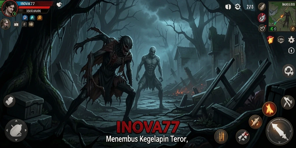 Screenshot utama INOVA77 menunjukkan suasana mencekam dalam gameplay.
