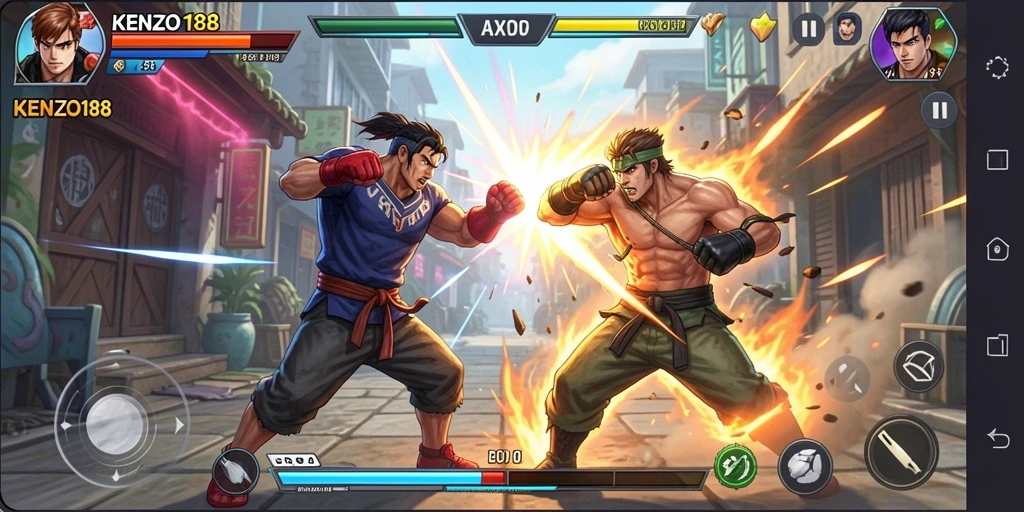 Screenshot gameplay KENZO188 menampilkan pertarungan seru antara karakter.