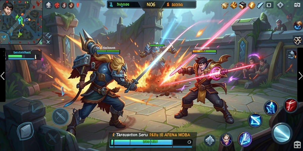 Screenshot N06 menampilkan gameplay MOBA yang mendebarkan.