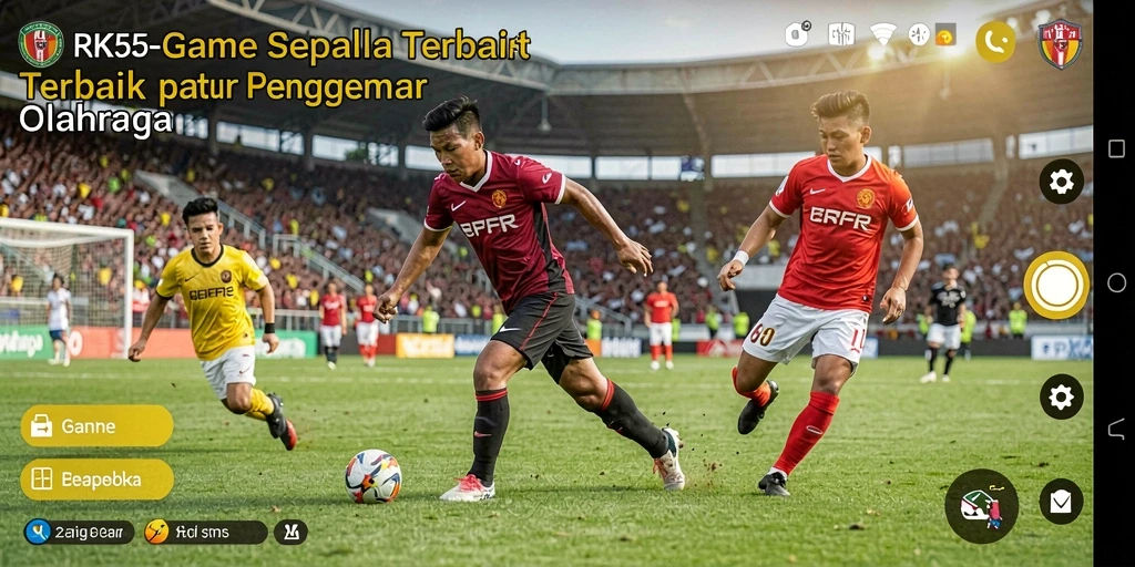 Tampilan gameplay RK55 dengan aksi sepak bola yang mendebarkan.