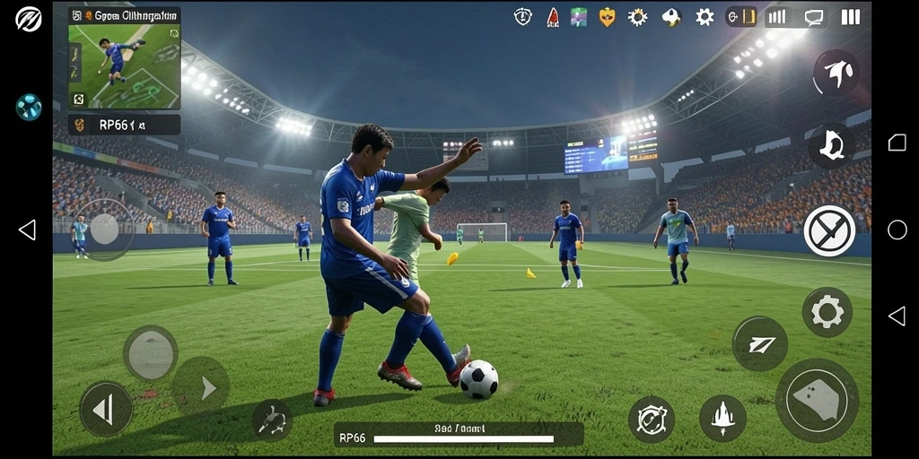Screenshot utama RP66 menunjukkan aksi seru di lapangan olahraga.